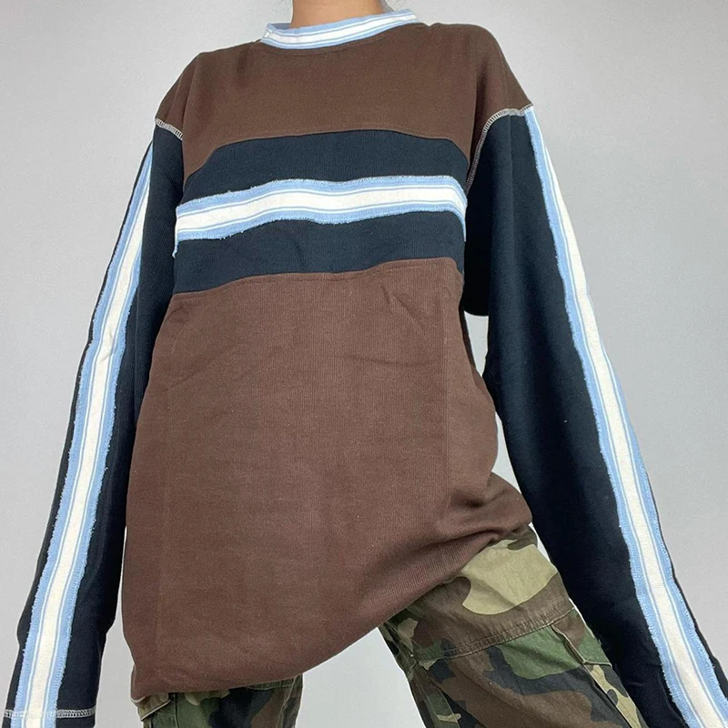 

Винтажный коричневый полосатый джемпер Y2K в стиле преппи Харадзюку гранж свитшот в стиле пэчворк осенние весенние контрастные пуловеры с д...