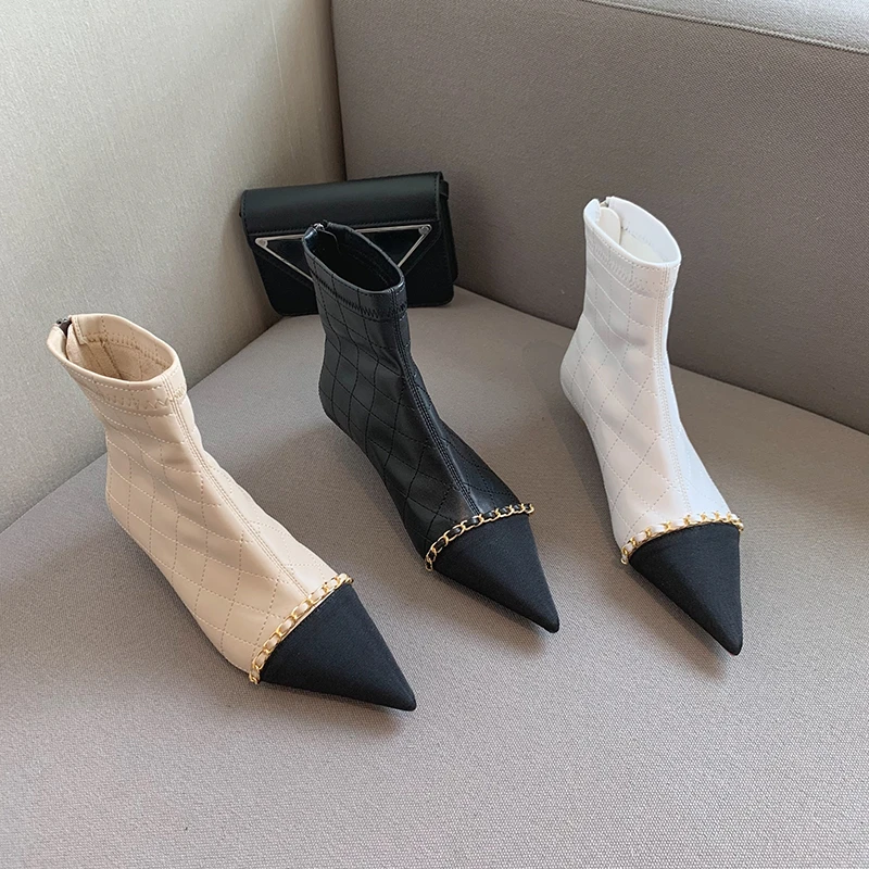 

Pointed Toe Shoes Women Ankle Boots Mixed Color Metal Chain White Beige Thin Low Heels Short Back Zipper Botines Mujer