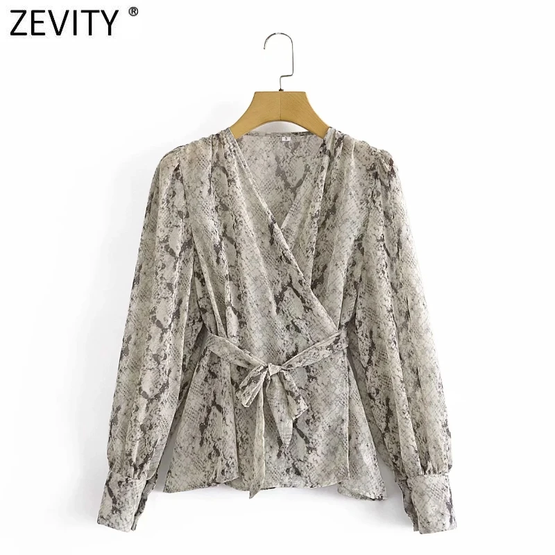 

Zevity New Women Vintage Cross V Neck Snake Skin Print Bow Sashes Shirt Female Puff Sleeve Kimono Blouse Chic Blusas Tops LS9272