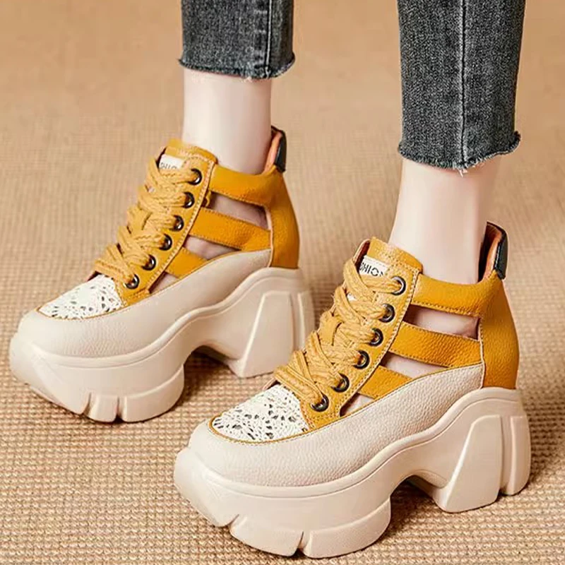 8.5cm Chunky Sneakers Genuine Leather Slides Hollow Women Summer Ankle Vulcanize Platform Sandals Wedge Breathable Female Shoes