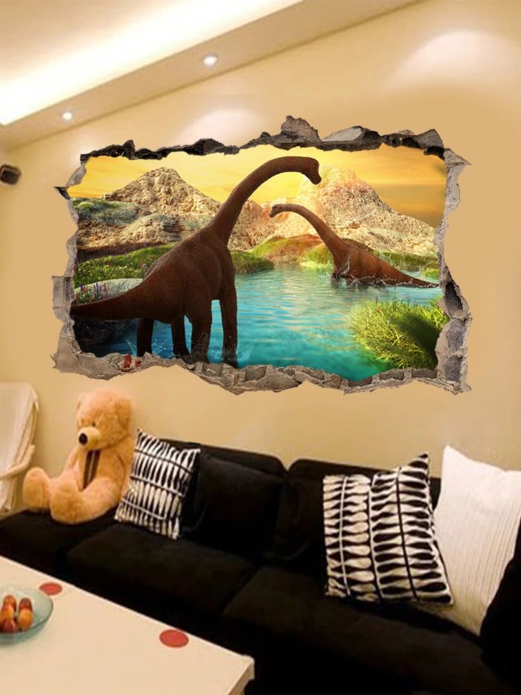 

Wall Stickers for Home 3D Broken Wall Dinosaur Wall Stickers Decoration Kids Bedroom Living Room Removable Decorative Paintings