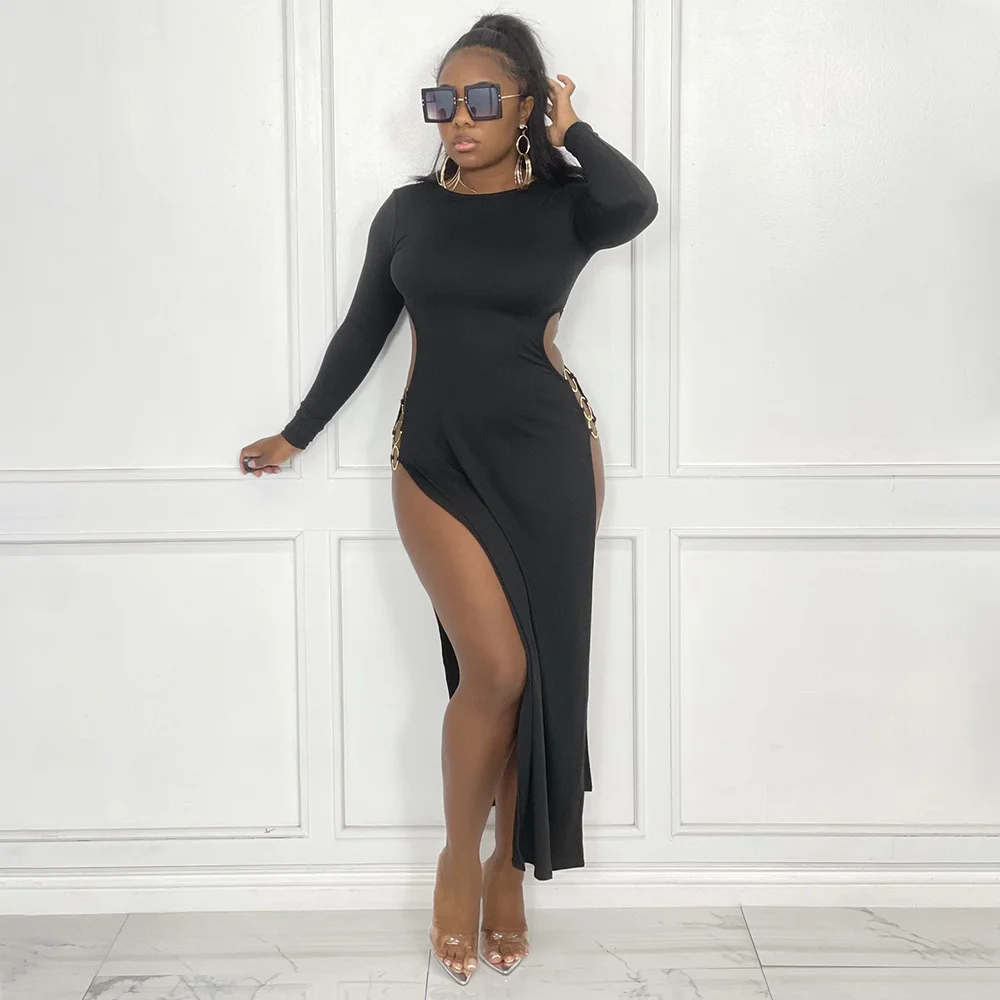 

Женское платье с круглым вырезом, длинным рукавом и разрезом