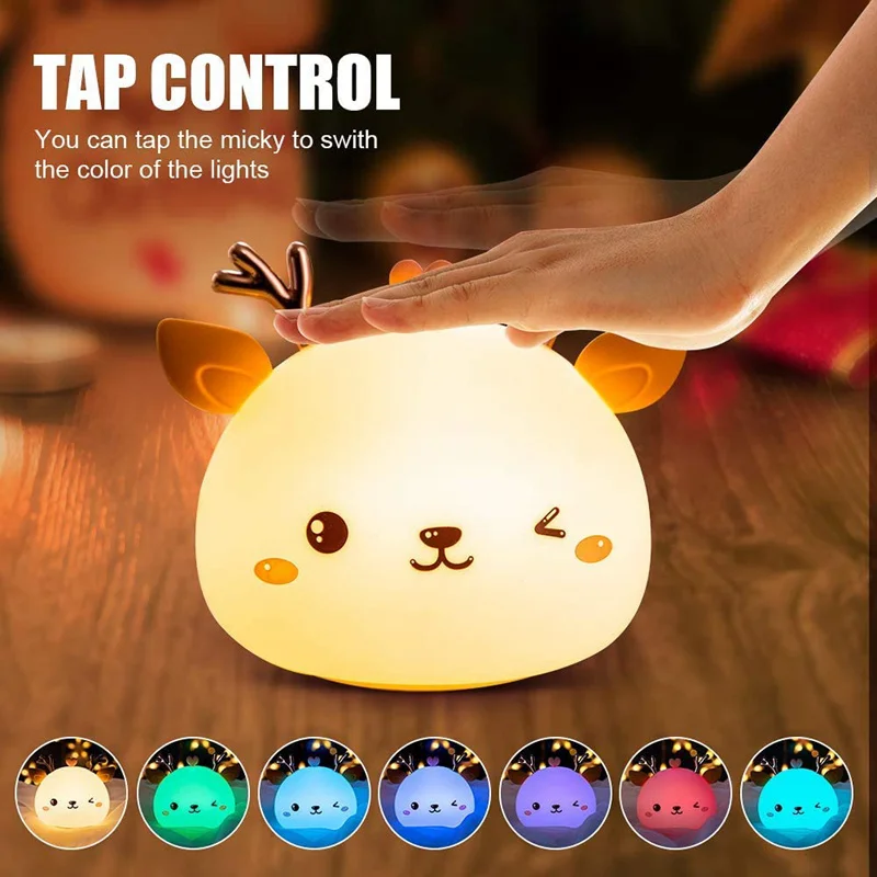 Silicone Cute Deer Night Light Tap Control  Nursery Night Light USB Rechargeable Color Changing For Kids Baby Toddler