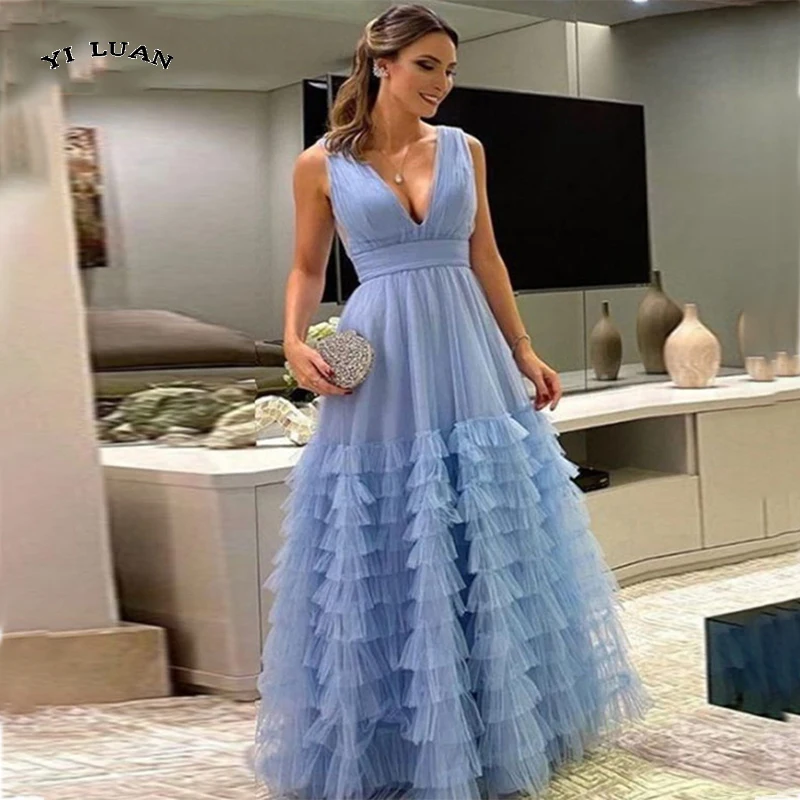

Blue Evening Dresses Sexy V-Neck Tiered Pleat Cake robes de soirée A-Line Backless Floor-Length Tulle Vestido De Noche ER05