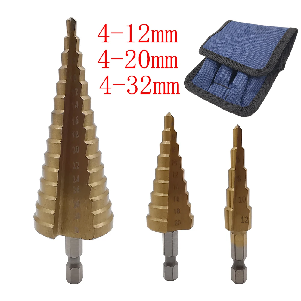 

3Pcs 4-12mm 4-20mm 4-32mm Step Drill Bit HSS Straight Groove Titanium Coated Hex Shank Wood Metal DIY Drilling Tools Cone Drills