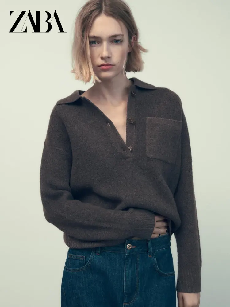 

ZABA ZA Women's Autumn and Winter New Loose Pullover Sweater Short Casual Inner Top Lapel Button Decoration POLO Sweater Sweater