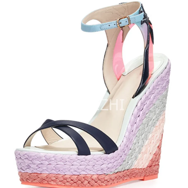 High Wedge Espadarille Women Sexy Sandal Platform Black Suede Buckle Heels Open Multicolored Ruffle Weave Purple Red Mixed Shoes