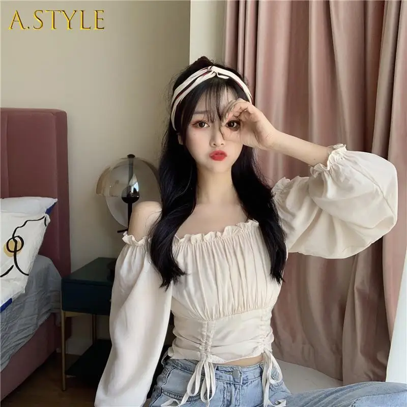 

Blouses Women Off Shoulder Sexy Y2k Slash Neck Spring Cropped Female Dating Streetwear Vacation Clothing Students Korean Style