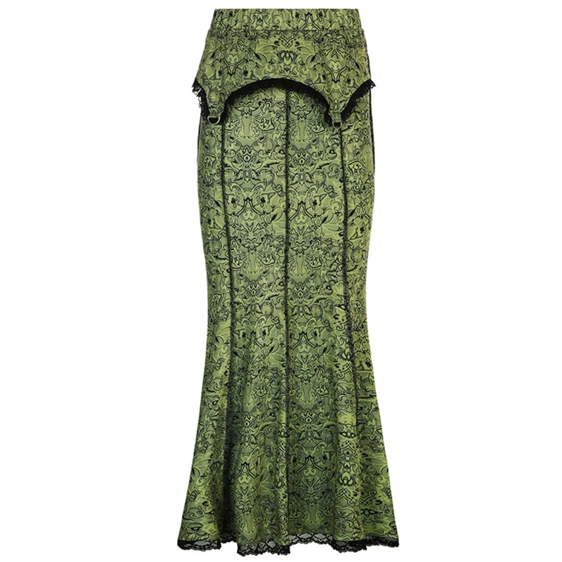 

Women Gothic High Waist Floral Print Lace Trim Slim Fishtail Long Pencil Skirt