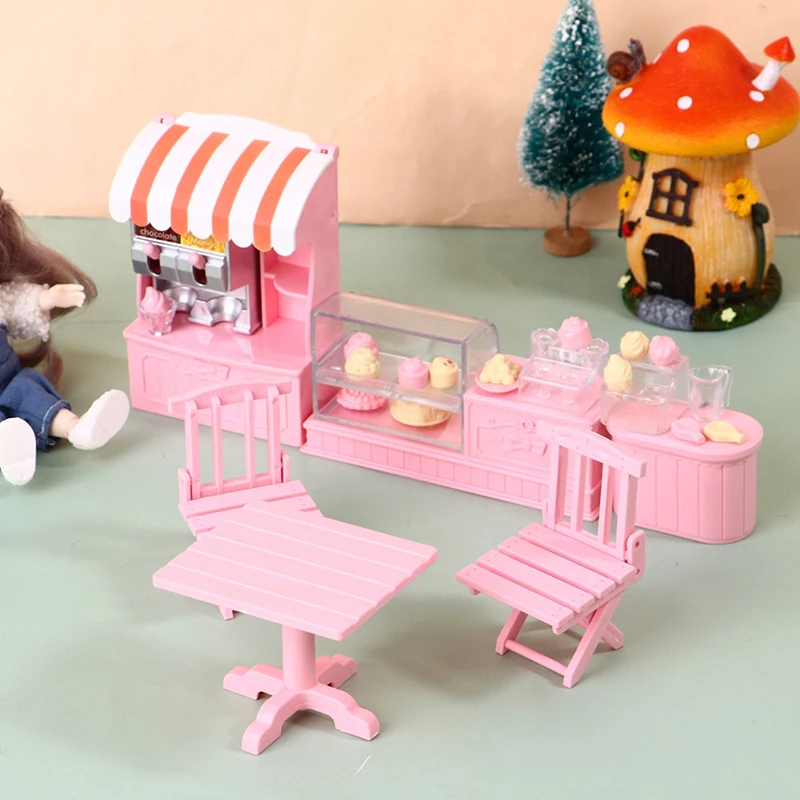 

1Set 1:12 Miniature Pink Furniture Ice Cream Cake Cabinet Tables And Chairs Plastic Model ob11 Dollhouse Furniture Decor DIY Toy