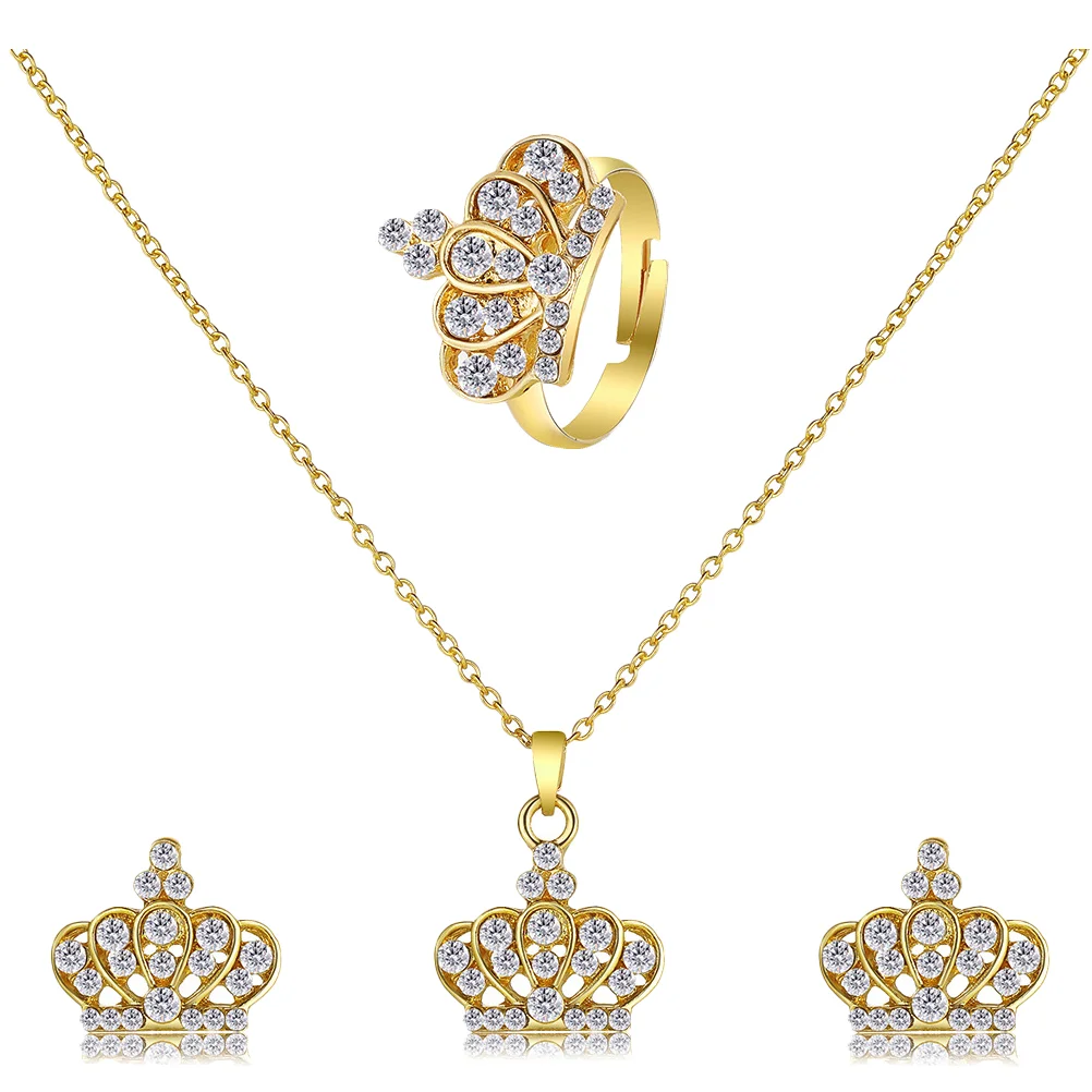 

1 Set Rhinestone Crown Necklace Earrings Ring Set Bridal Wedding Accessories