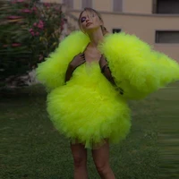 fashion fluorescent yellow v neck ruffled short tulle dress women extra puffy fully tutu pleated mini length summer party gowns