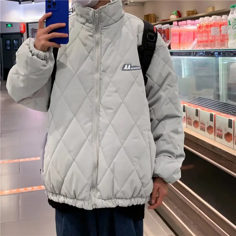 Padded men's winter diamond-shaped lattice port trend brand ins loose ruffian handsome stand-up collar padded jacket all-match