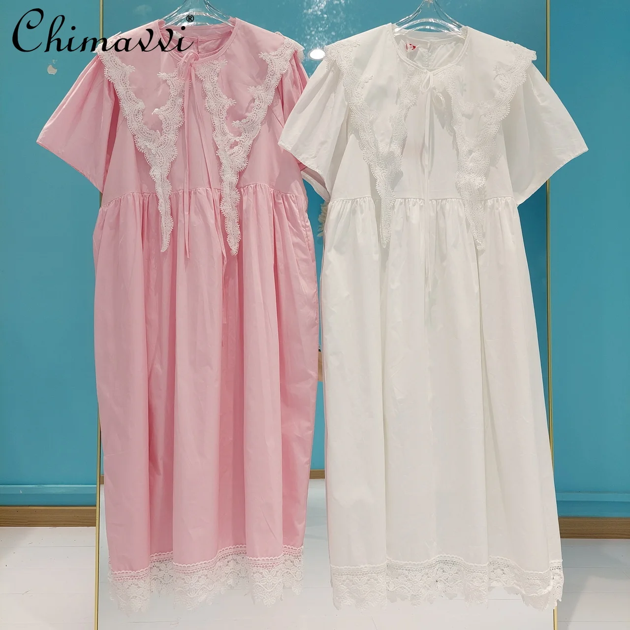 

2022 Summer Dress Korean Fashion Loose Detachable Doll Collar Lace Stitching Lace Large Swing Dresses Women Cute Sweet Dress
