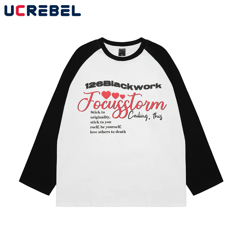 

Letter Embroidery Long Sleeve T-shirt Mens Autumn Loose Vibe Style Color Block Casual Crew Neck Cotton Tee
