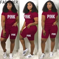fagadoer active womens pink letter print top biker shorts two piece sets summer sport 2pcs tracksuits casual matching outfits