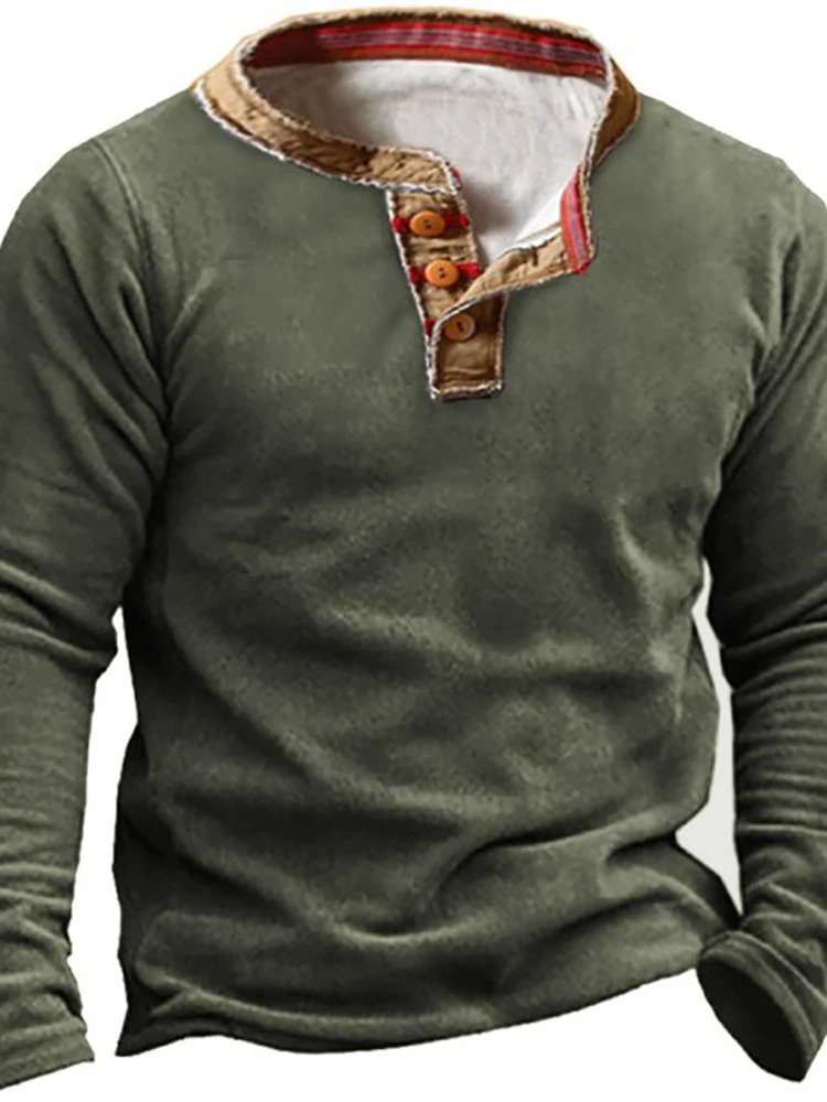 

Casual Long Sleeve Solid Tops Men Vintage Slim Fit V-neck Button Sweatshirt For Men 2022 New Spring Autumn Fashion Pullover Tees