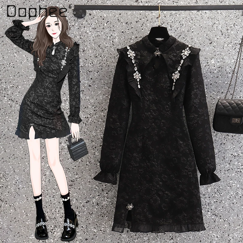 

Women's Black Dresses Rhinestones 2022 Spring New Fashion Elegant Formal Cheongsam with Diamond Embossed Mid-length Dress Female