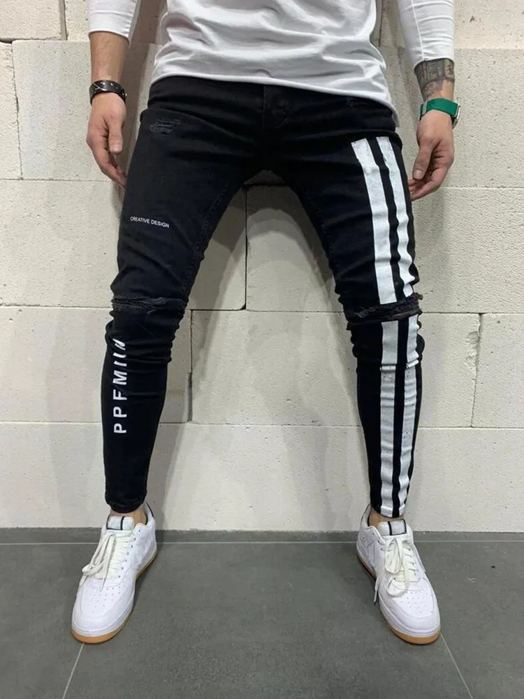 Fashion Printed Jeans Trousers Mens Streetwear Jeans Slim Fit Ripped Skinny Painted Denim Pants Stripe Jogger jeans