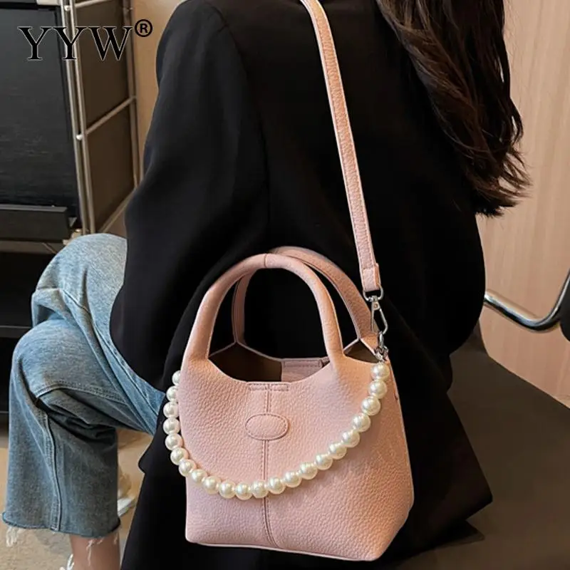 Crossbody Women Handbag Lychee Pattern PU Leather Designer Large Capacity Tote Bag with Pearl Chain Portable Handheld Package