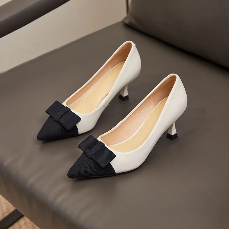 Maxdutti French Fashion Office Ladies Commuter High Heels Pointed Toe Bow Elegant Leather Shoes Women