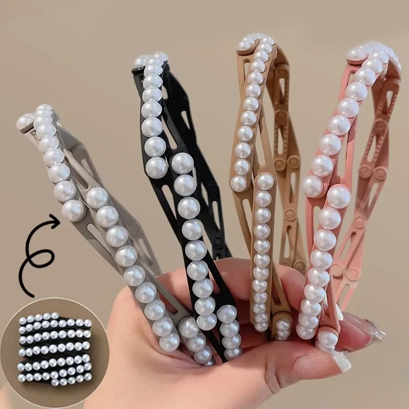 Повязка для волос с жемчужинами Женская портативная складная Нескользящая лента