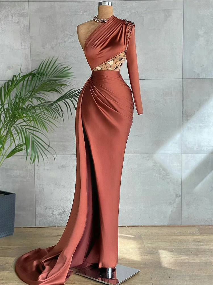 

2023 New Ladies Brown Mermaid Slim Fit Beaded Sequin One Shoulder Evening Dress High Side Slit Prom Dress Long Can Be Customized