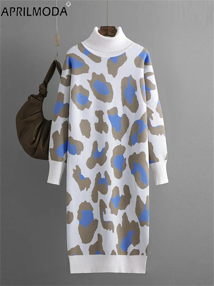 

2024 Autumn Winter High Neck Knitting Sweater Dress Leopard Print Party Street Casual Vintage Long Loose High Waist Outer Dress
