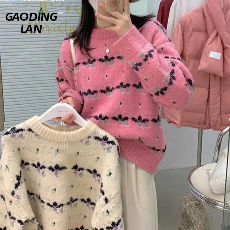 

Осенне-зимние женские толстые теплые свитеры с длинным рукавом и круглым вырезом в Корейском стиле для ленивых, трикотажные топы, женские модные пуловеры