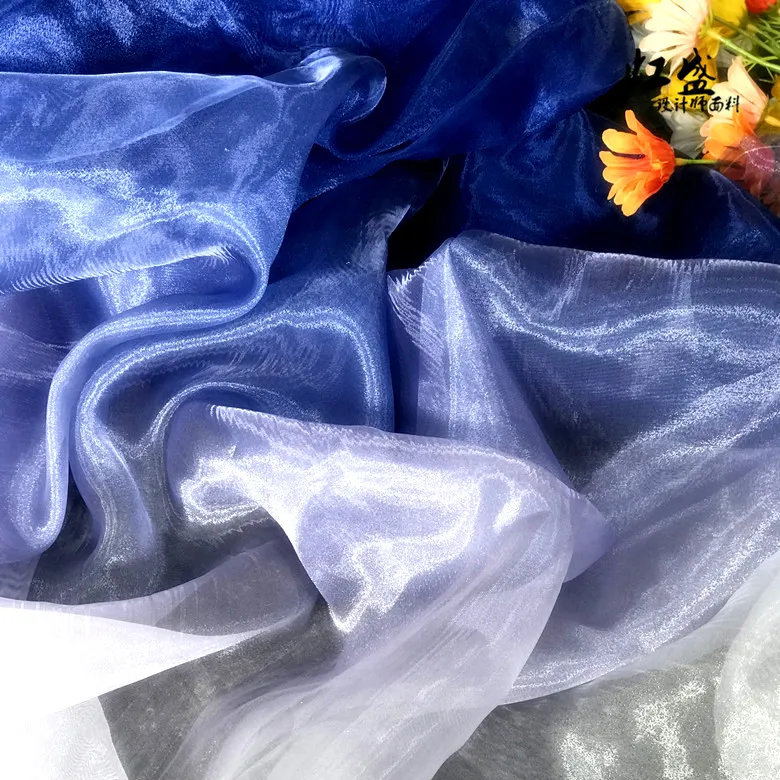

One-price stiff glossy yarn bright black and blue gradient organza fabric transparent Chinese clothing fabric