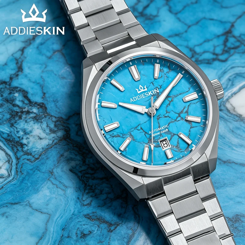 Фото ADDIESKIN K010 Мужские автоматические часы с бирюзовым циферблатом, светящиеся в темноте BGW9, водонепроницаемые до 200 м, с сапфировым стеклом, из нержавеющей стали, механические №3