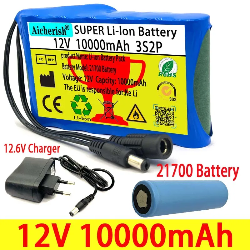 

Aicherish 21700 E-Bike Li-ion Rechargeable 12V 10Ah Battery 3S2P 100% True Capacity 12.6V Charger Electric Bike Scooter With BMS