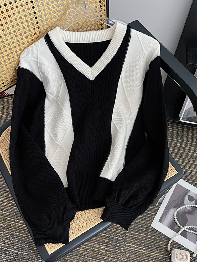 

Женский трикотажный пуловер с V-образным вырезом, свободный трикотажный свитер контрастных цветов с длинным рукавом, винтажный свитер в сти...