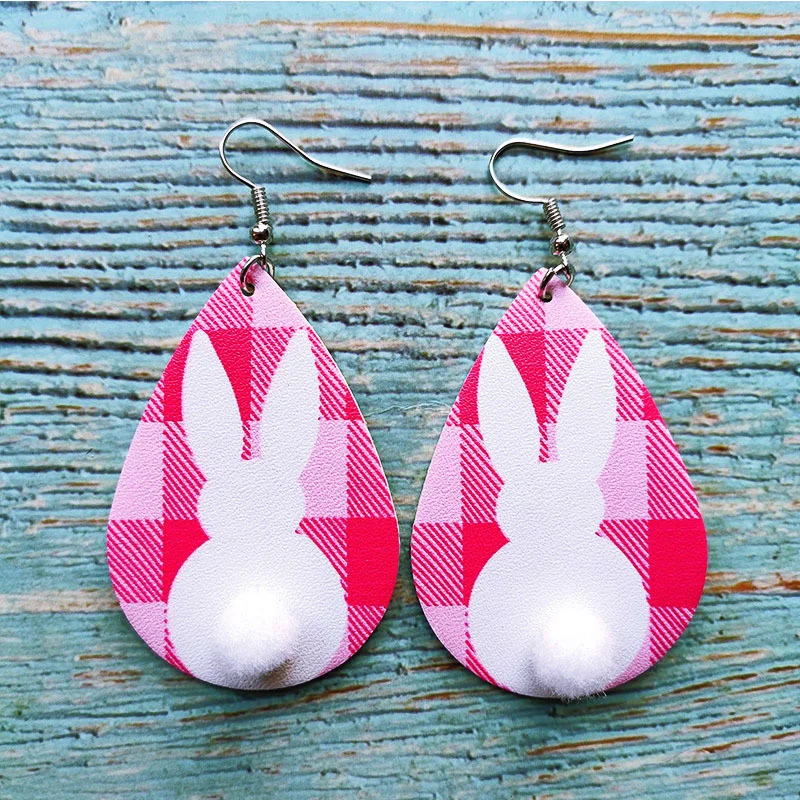 

EASTER EARRINGS Easter Bunny Print Plaid Leather Earrings Pack - 3 Pair - Teardrop Rabbit Jewelry Ear Accessories W/Pom Pom Deco