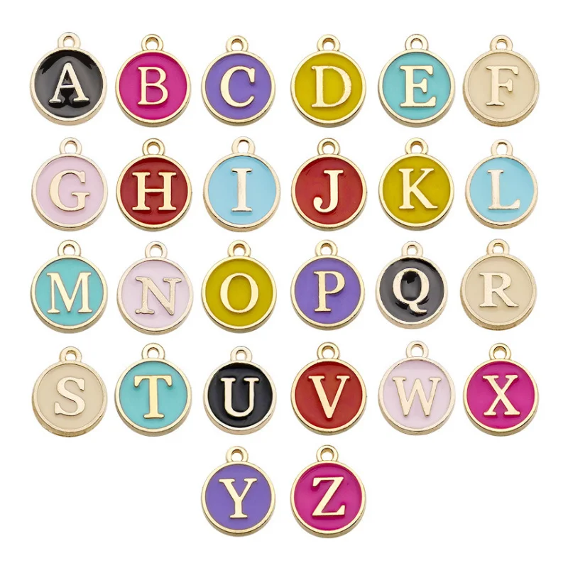 

26pcs/Lot 12mm Round Gold Color Tone Enamel Alphabet Initial Letter Charms Handmade Pendant For Diy Bracelet Jewelry Making