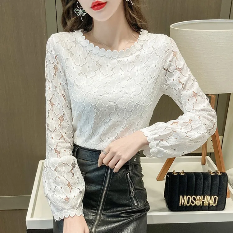 

French Lace Top for Women 2022 Spring Lantern Sleeve Hollow-out Hook Flower Inner Wear