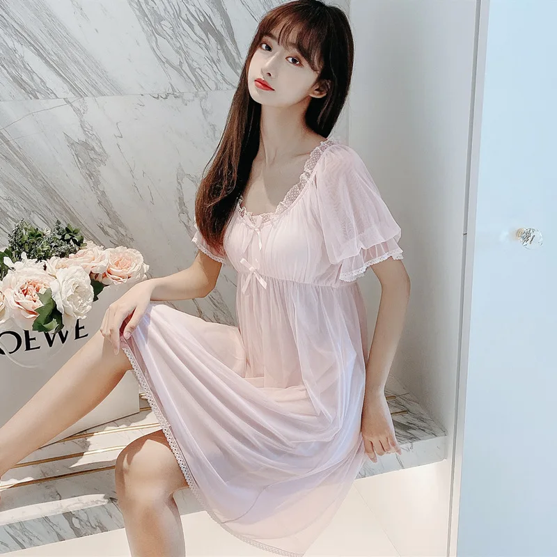 New Court Style Mesh Lace Princess Nightdress Female Summer Girl Beautiful Pijamas Cute with Chest Pad