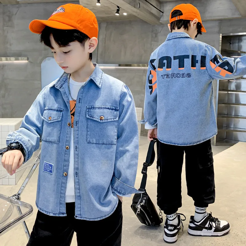 

New Spring Autumn Children Boy's Denim Shirts 2022 Letter Print Tops Cotton Long Sleeve Jacket for 4-14Yrs Teenage Kids Clothes