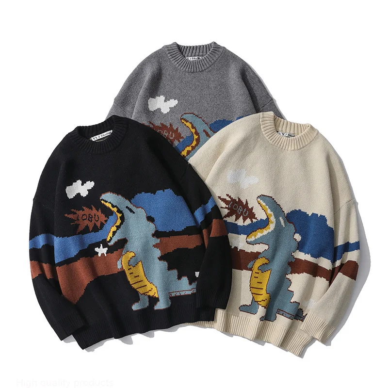 

Sweater Men arajuku Fasion ip op Streetwear Cartoon Dinosaur Jacquard Pullover O-neck Oversize Casual Couple Male Sweaters