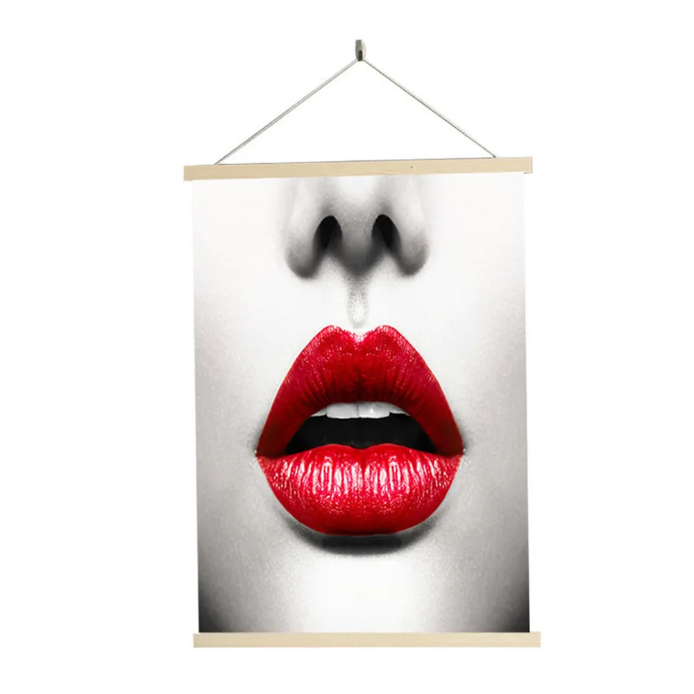 

Sexy Red Lips Canvas Scroll Painting Wall Art Vintage Wood Hanging Posters and Prints Wall Chart Mural for Living Room Bedroom