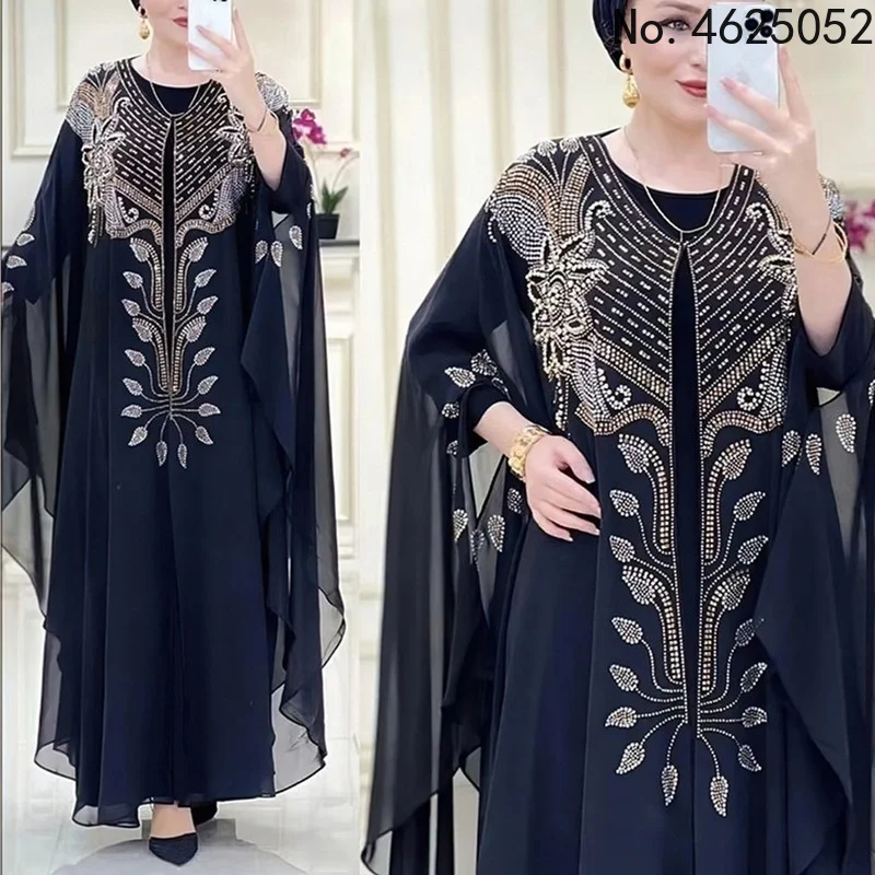 

African Chiffon Dress Women Hollow Batwing Sleeve Boubou Summer New Stick Diamonds Elegant Casual African Dresses Vestidos 2021