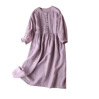 flax summer dress loose young style button mid calf o neck women boho long maxi dress vestido feminino purple