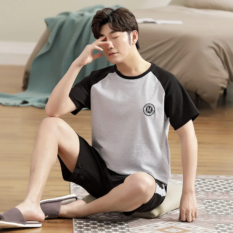 Man Summer Sleepwear Cotton Pajamas Set 2 Pieces Set Nightwear Men Korean Casual home Clothes Sleep Tops Shorts pyjama homme