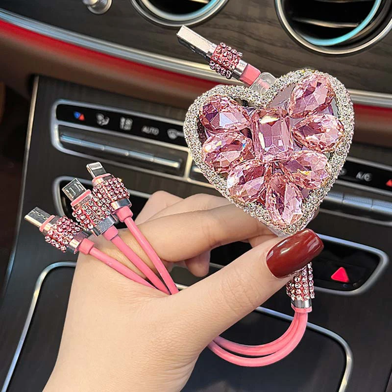 

3 в 1 блестящий зарядный кабель Diamond Goddess Love USB мультизарядный кабель Rhinestone автомобильное быстрое зарядное устройство женские автомобильные аксессуары
