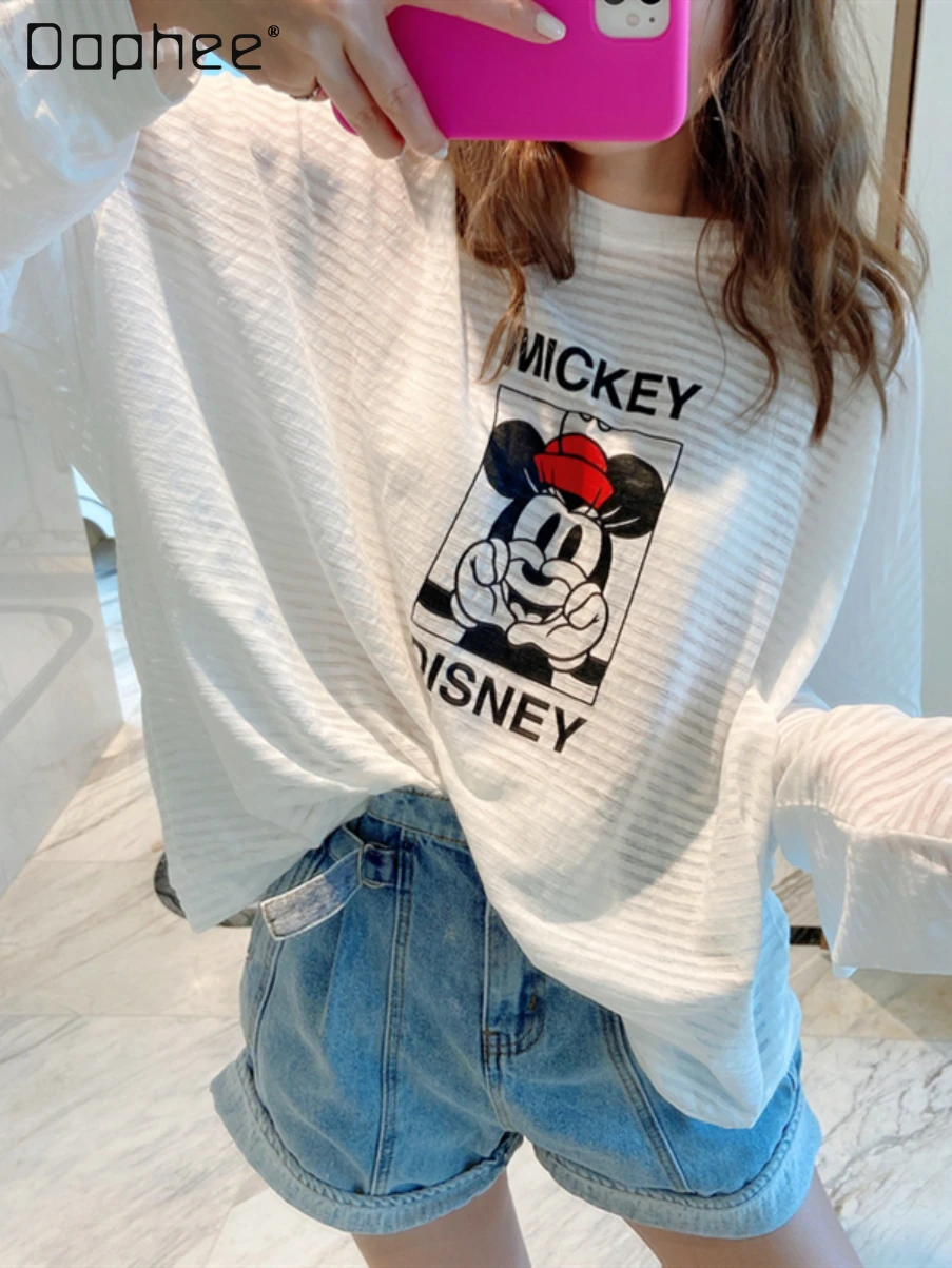 

Thin Striped Cartoon Printed White T-shirt Top for Women 2022 Summer New Lightweight Long Sleeve Sun-Protection Overshirt Women