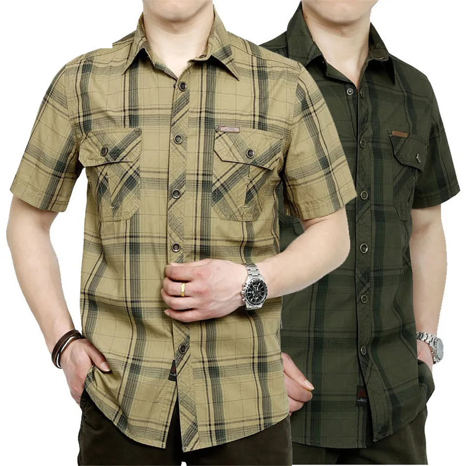 

Outdoor Hiking Backpacking Tourism Short Sleeve Shirts Cotton Casual Commuter Plaid Shirt Men Summer Loose Thin Large Size Tops