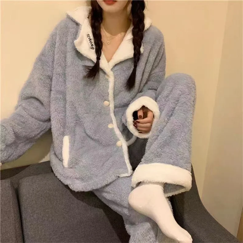 

Autumn Winter Flannel Warm Pajamas Set Women Thicken Sweet Homewear Pijama Two Piece Set Embroidered Letters Sleepwear Suits