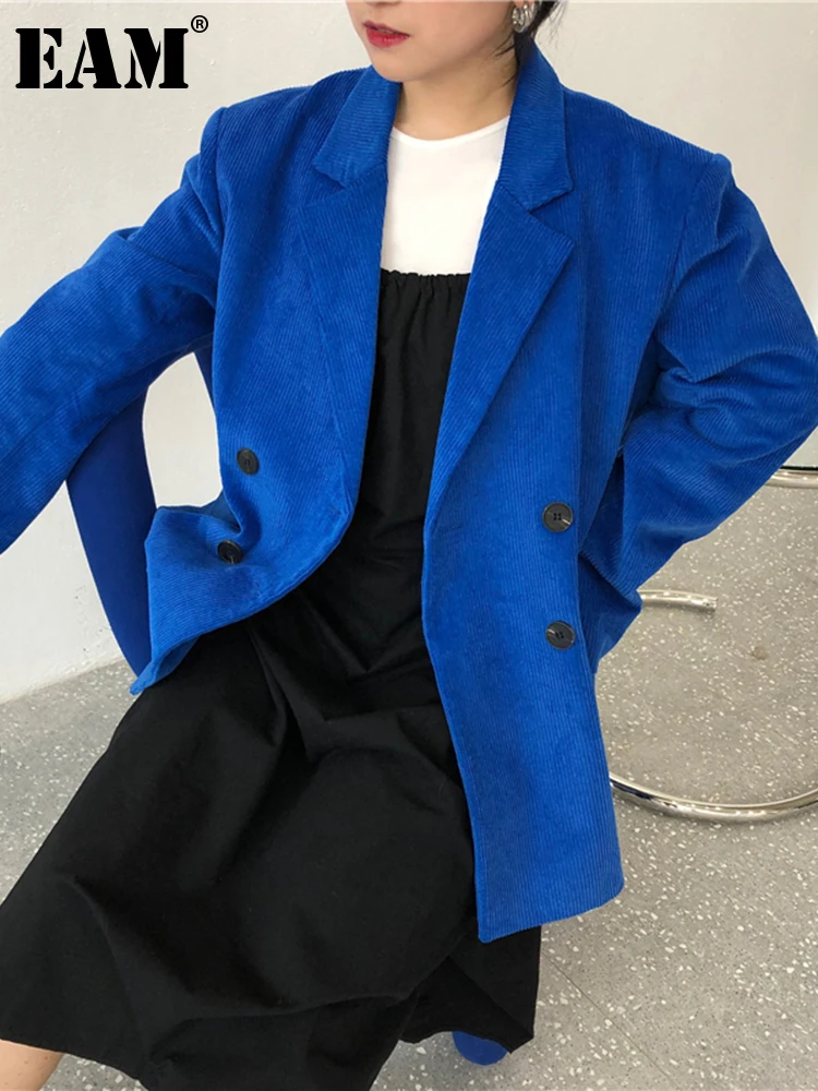 

[EAM] Women Blue Big Size Corduroy Thick Blazer New Lapel Long Sleeve Loose Fit Jacket Fashion Tide Spring Autumn 2023 1DF2155