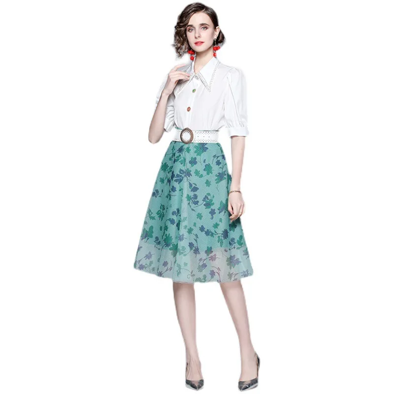 

Original Brand Fashion Light Luxury Temperament Commuter Puff Sleeve Beaded Shirt + Mesh Tutu Skirt Two-piece Sets Women's Dress