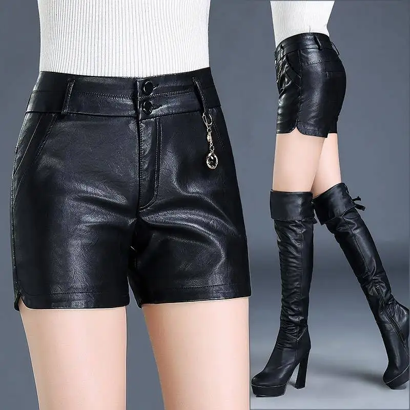 Lady's Casual Sexy Large Size Casual Slim Waterproof Breathable Soft Wear Resistant PU Short Leather Pants